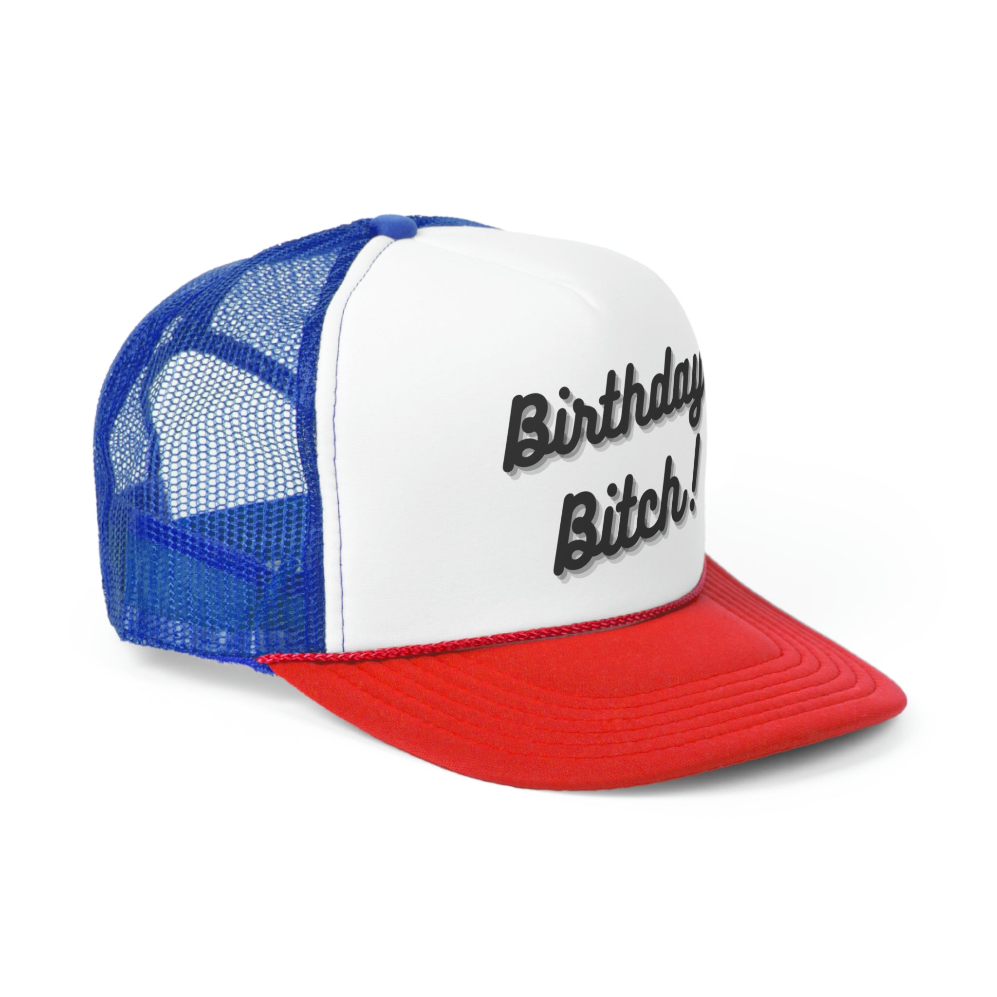 A stylish Birthday Bitch Trucker Hat featuring a bold design with a polyester front and mesh back, perfect for celebrations.