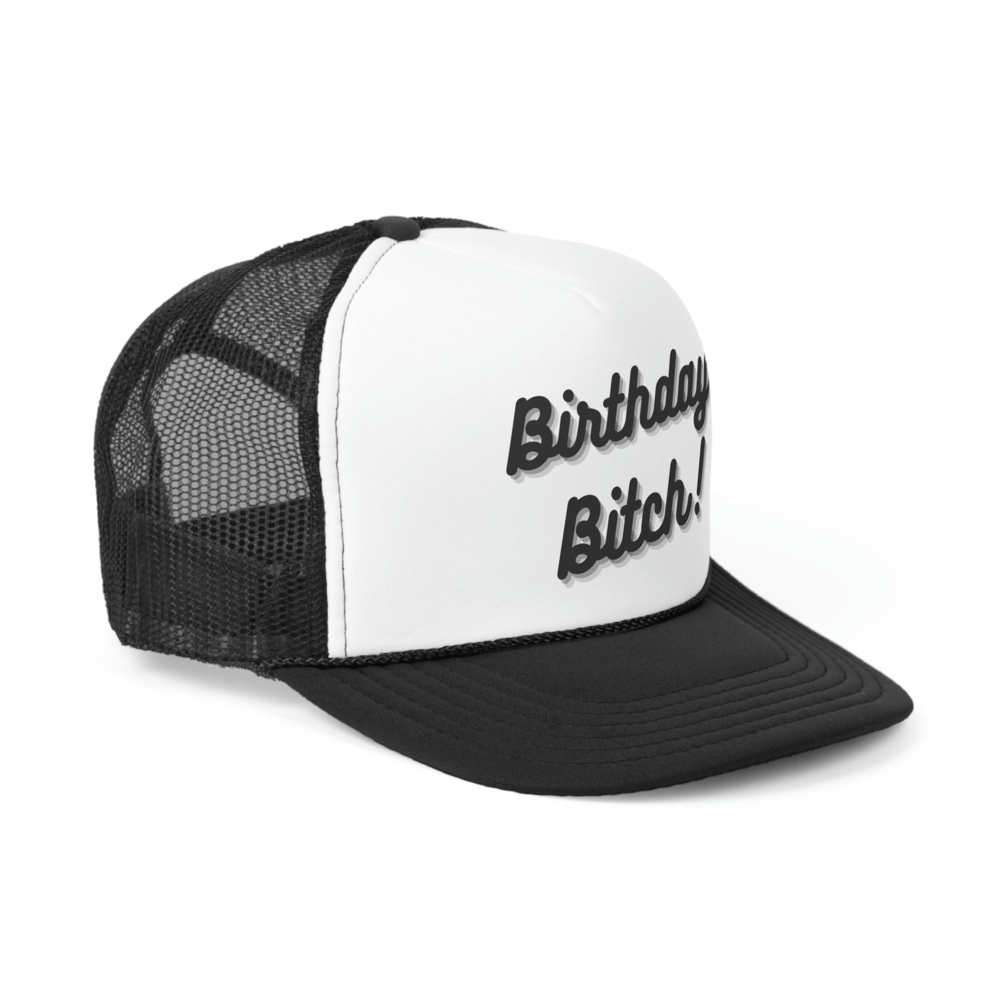 A stylish Birthday Bitch Trucker Hat featuring a bold design with a polyester front and mesh back, perfect for celebrations.