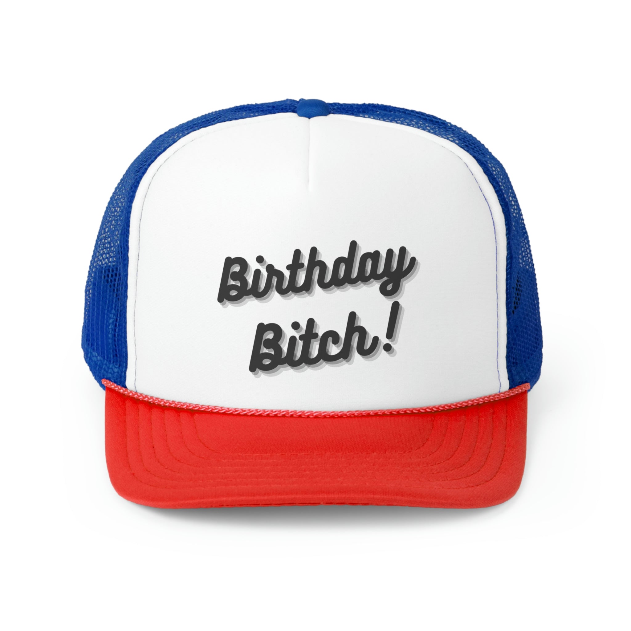 A stylish Birthday Bitch Trucker Hat featuring a bold design with a polyester front and mesh back, perfect for celebrations.