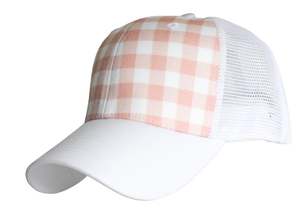 Blush Buffalo Trucker Hat featuring a pink buffalo plaid print with a white curved bill and mesh back, designed for youth sizes.