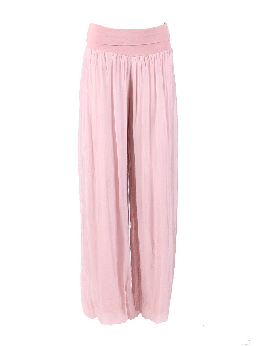 Blush 'Donna' Italian Silk Palazzo Pant showcasing luxurious silk fabric and elegant design.