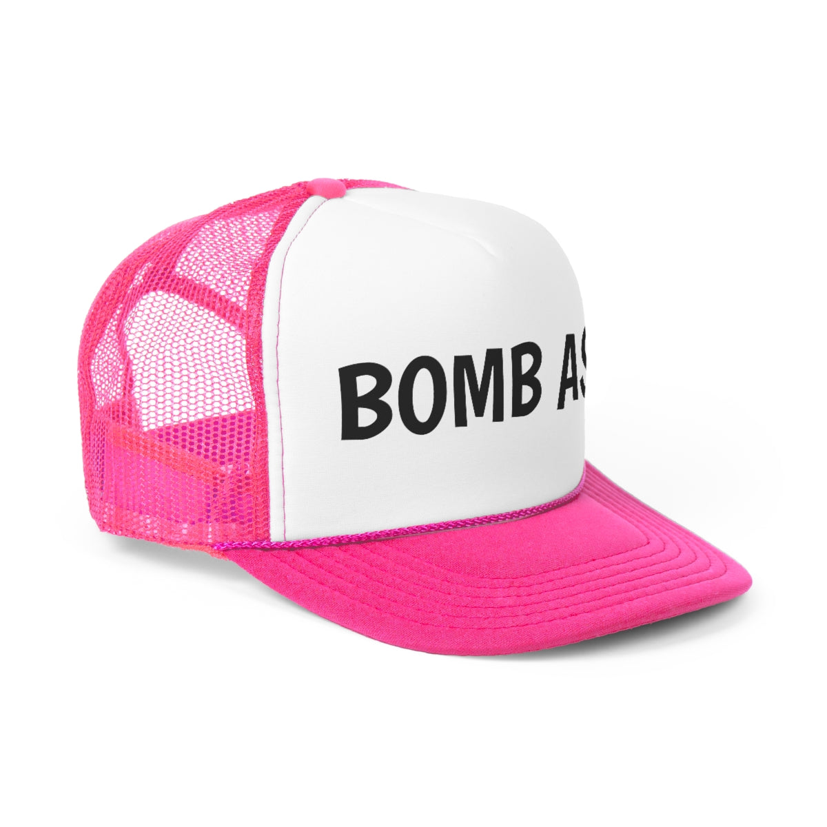 A stylish Bomb Ass Trucker Hat featuring a durable polyester front and breathable nylon mesh back, perfect for outdoor activities.