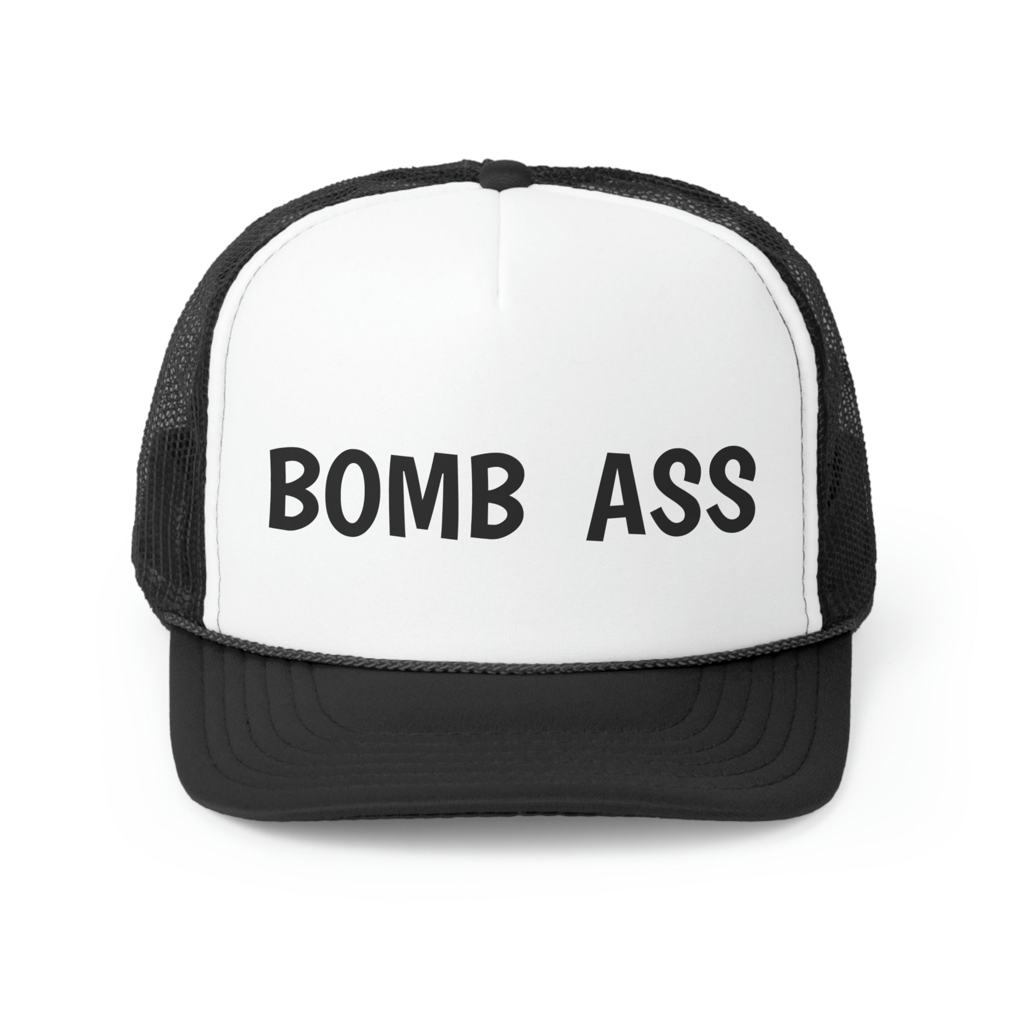 A stylish Bomb Ass Trucker Hat featuring a durable polyester front and breathable nylon mesh back, perfect for outdoor activities.