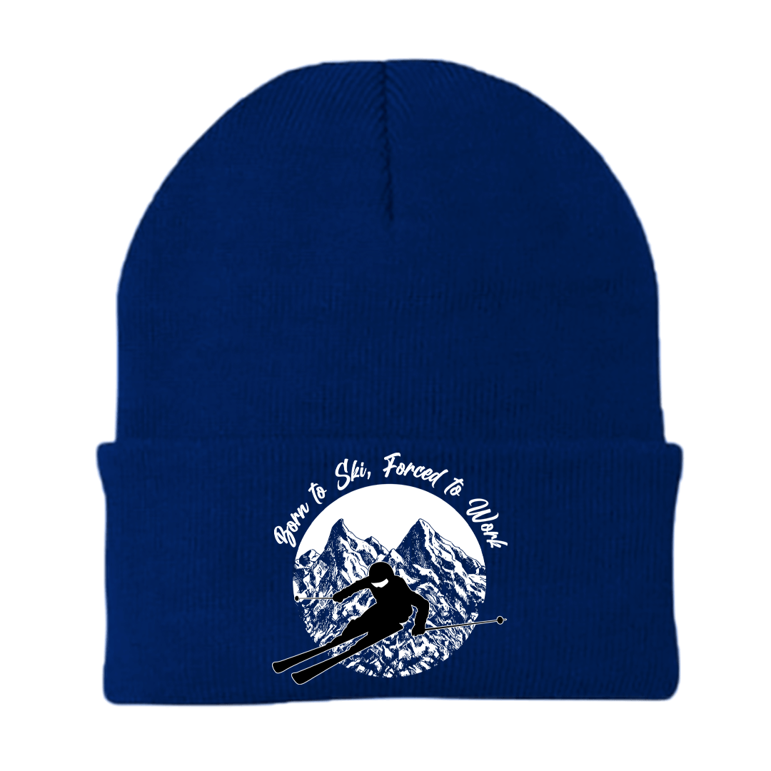 Born To Ski Forced To Work Embroidered Beanie in a stylish design, perfect for winter activities and casual wear.