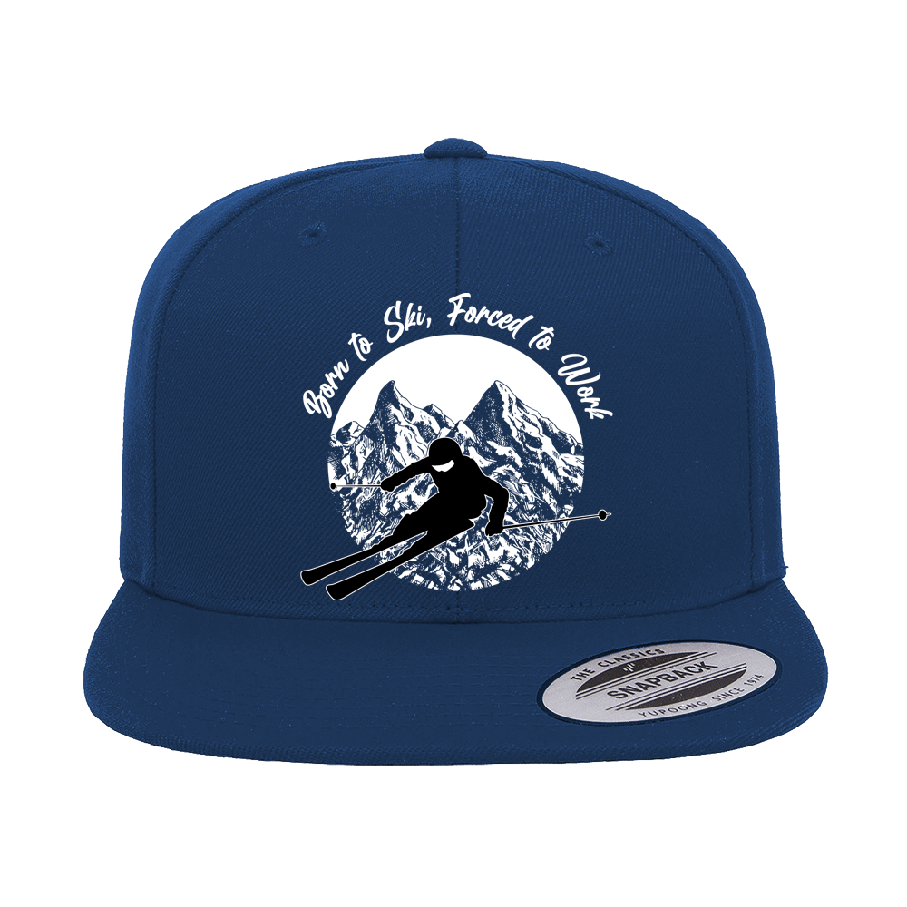 Born To Ski Forced To Work Embroidered Flat Bill Cap featuring a structured design and green under visor.