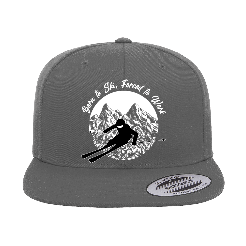 Born To Ski Forced To Work Embroidered Flat Bill Cap featuring a structured design and green under visor.