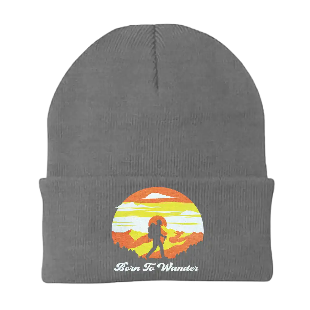 Born To Wander Embroidered Beanie featuring a unique design, made from a cotton-acrylic blend, perfect for outdoor adventures.