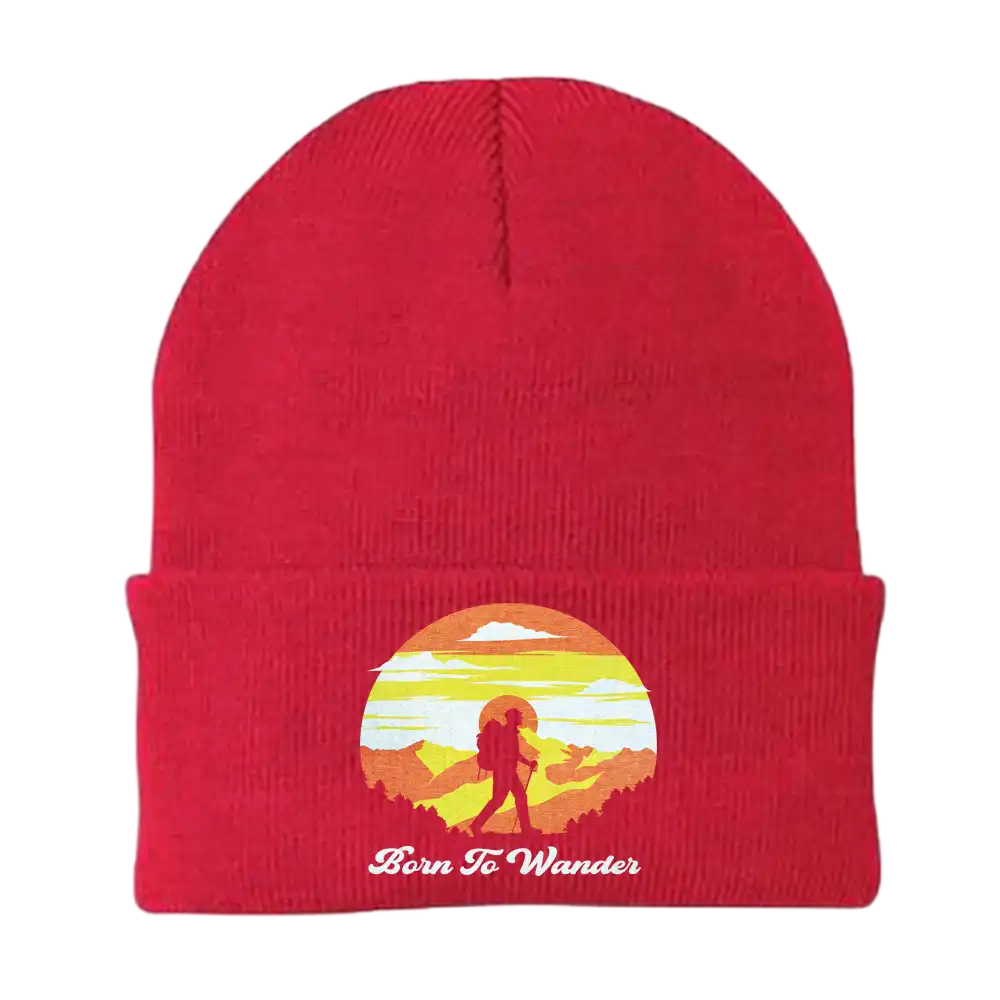 Born To Wander Embroidered Beanie featuring a unique design, made from a cotton-acrylic blend, perfect for outdoor adventures.