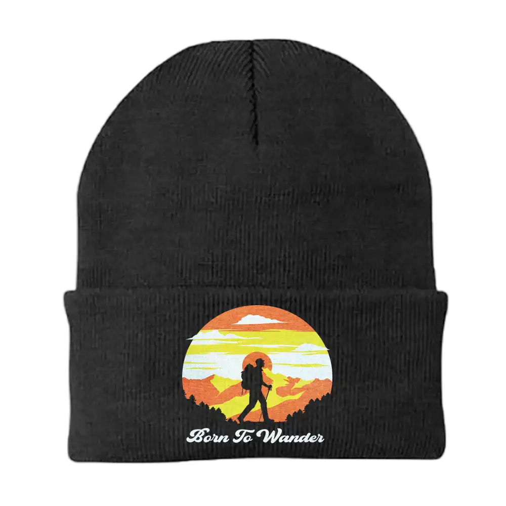 Born To Wander Embroidered Beanie featuring a unique design, made from a cotton-acrylic blend, perfect for outdoor adventures.