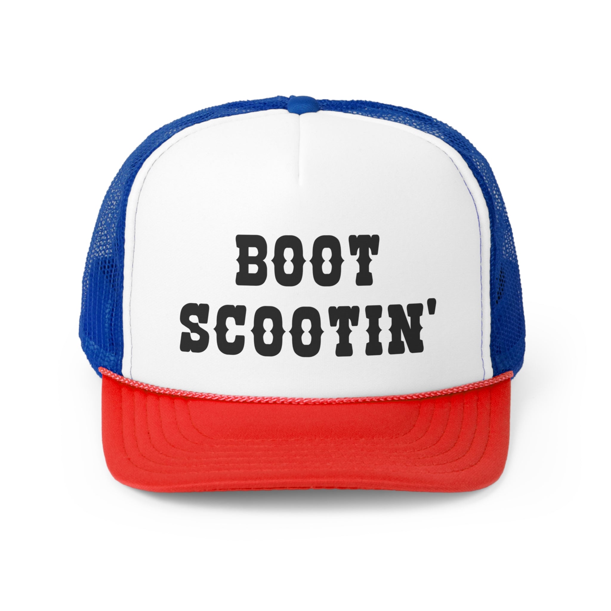 Boot Scootin' Trucker Hat featuring a humorous design, made from durable polyester and nylon mesh, adjustable snap closure.