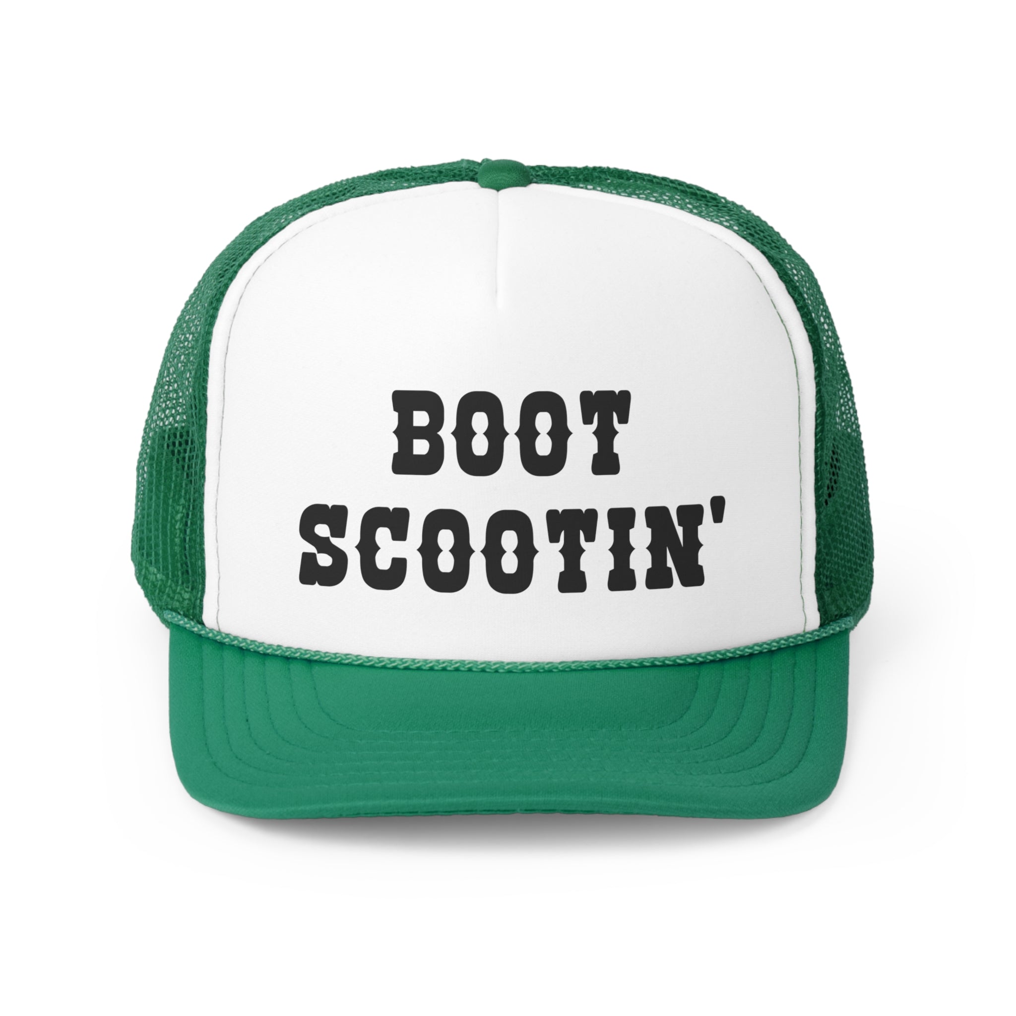 Boot Scootin' Trucker Hat featuring a humorous design, made from durable polyester and nylon mesh, adjustable snap closure.