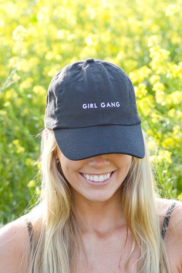 Bride and Girl Gang bachelorette party dad hats in white and black, featuring stylish text designs.