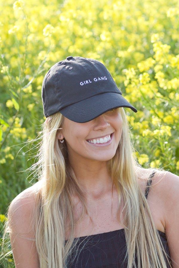 Bride and Girl Gang bachelorette party dad hats in white and black, featuring stylish text designs.