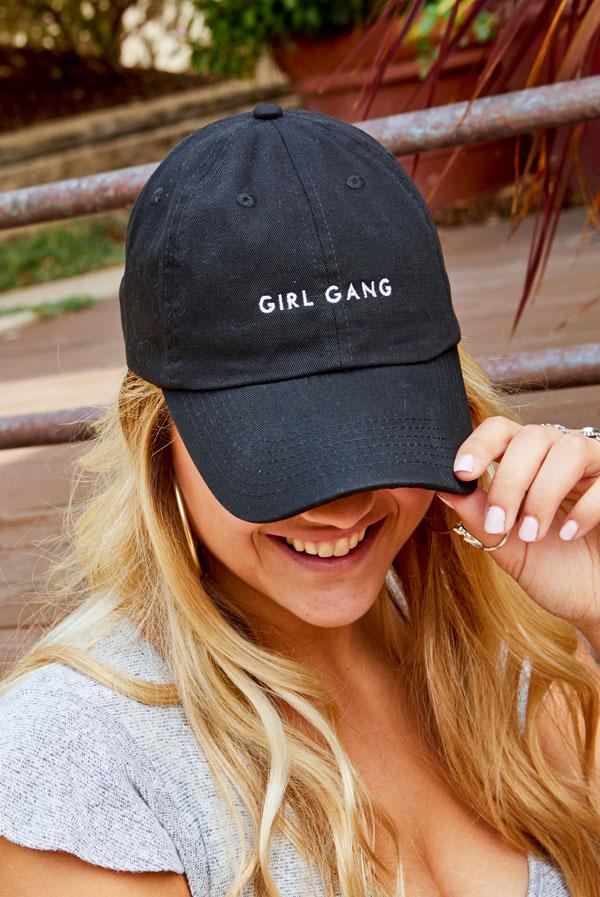 Bride and Girl Gang bachelorette party dad hats in white and black, featuring stylish text designs.