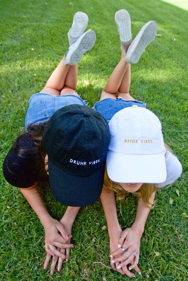 A collection of bachelorette party dad hats featuring 'Bride Vibes', 'Drunk Vibes', and 'Party Vibes' designs, showcasing their stylish and adjustable features.