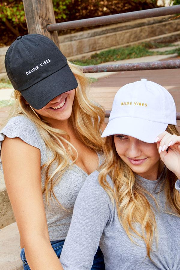 A collection of bachelorette party dad hats featuring 'Bride Vibes', 'Drunk Vibes', and 'Party Vibes' designs, showcasing their stylish and adjustable features.
