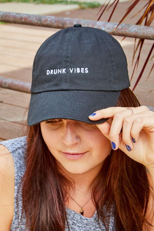 A collection of bachelorette party dad hats featuring 'Bride Vibes', 'Drunk Vibes', and 'Party Vibes' designs, showcasing their stylish and adjustable features.