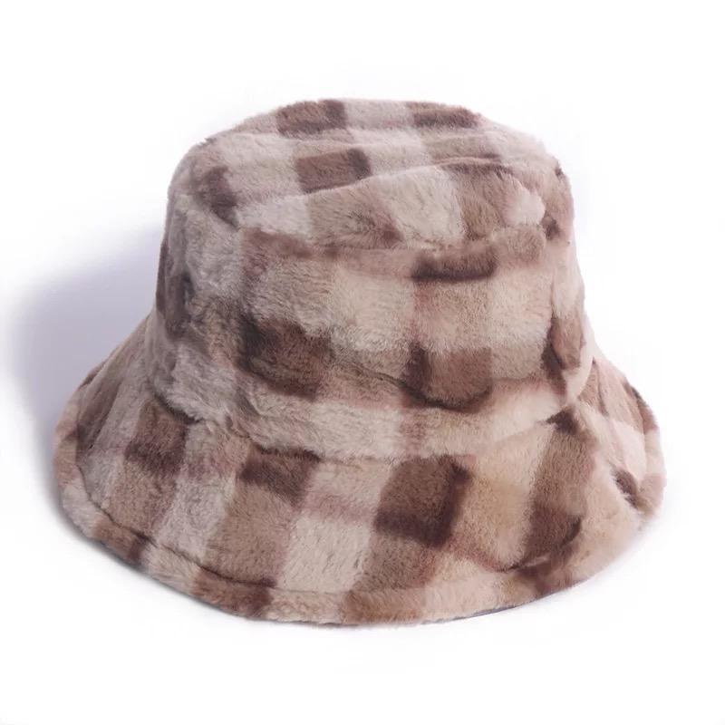 Brown plaid bucket hat made of faux fur, featuring a classic gingham checkered pattern, perfect for stylish outfits.