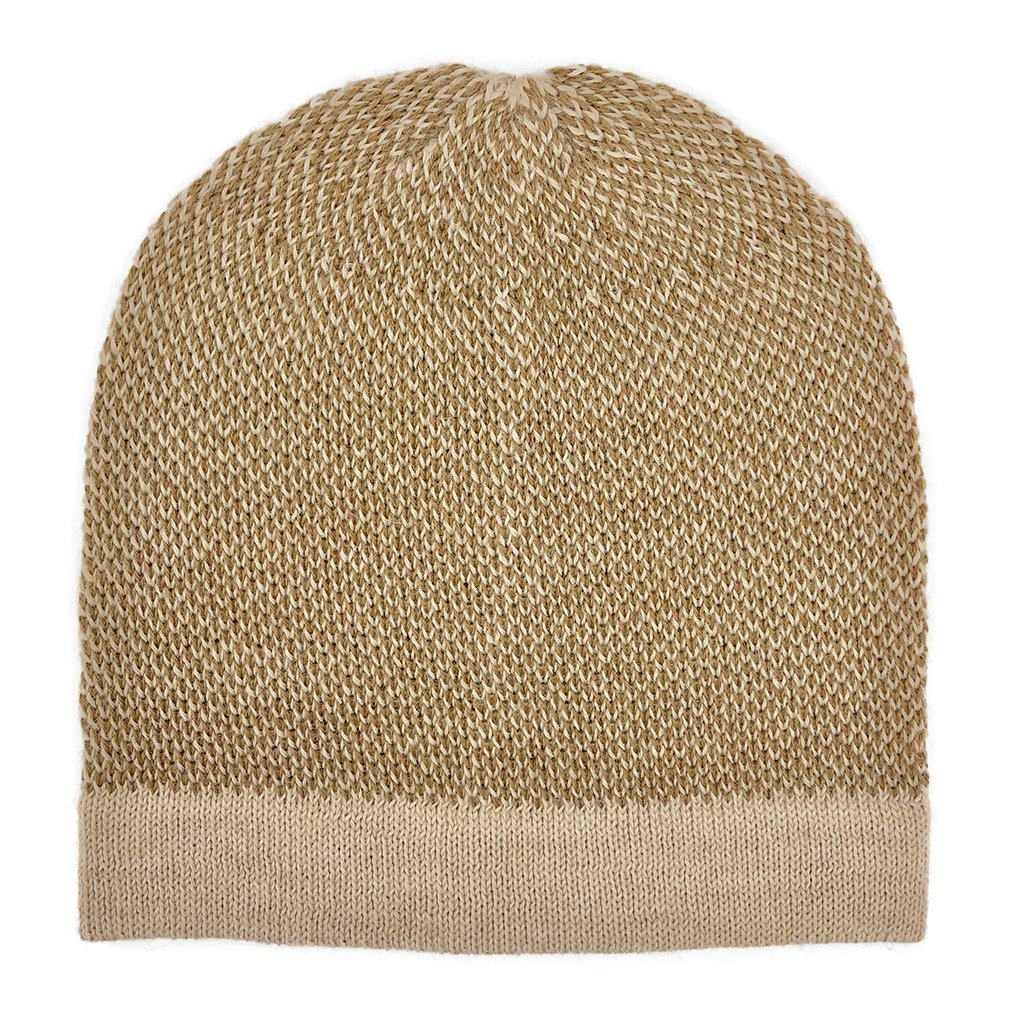 Camel Interwoven Alpaca Beanie showcasing a textured design, made from 100% alpaca fiber, perfect for stylish warmth.