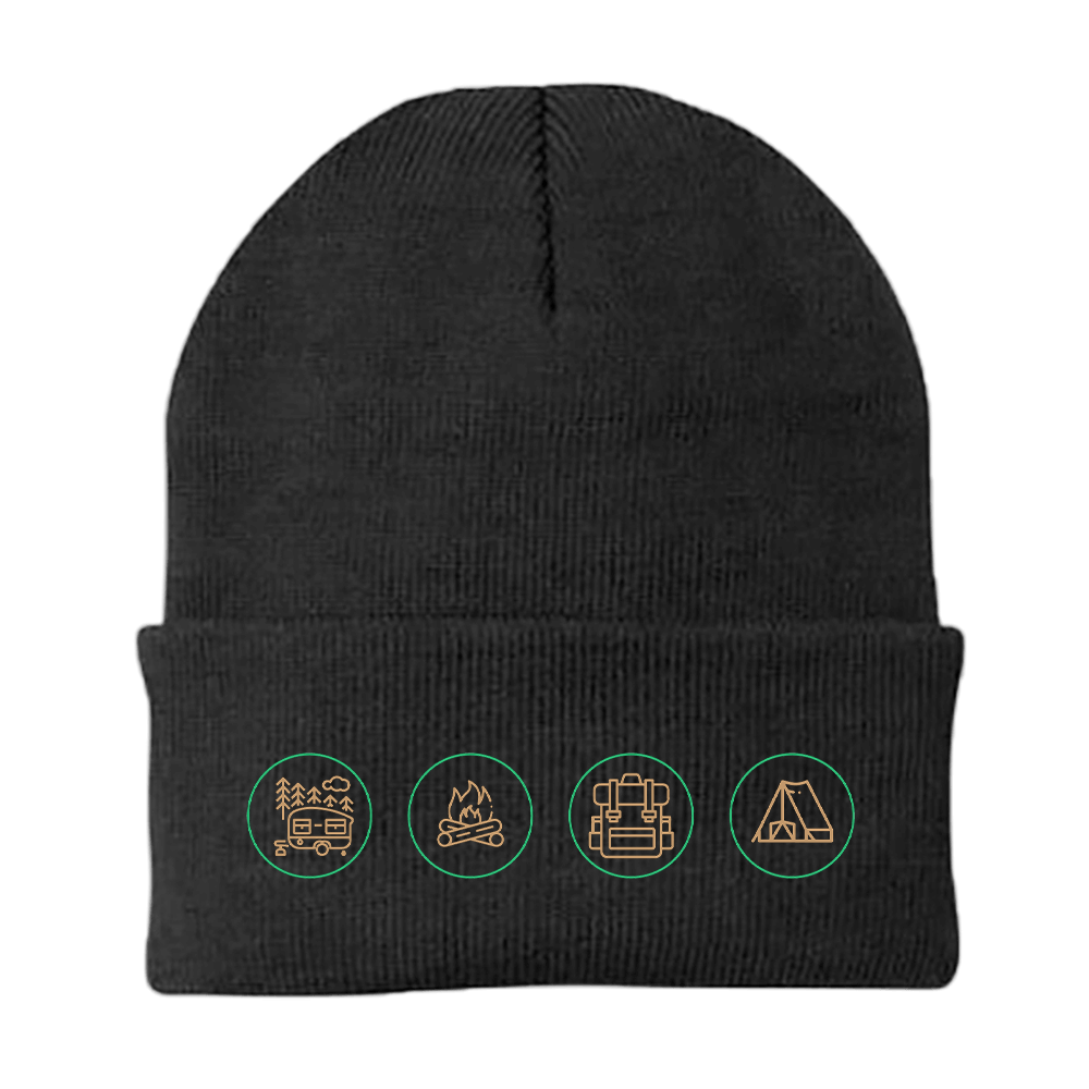 A stylish Camp Life Embroidered Beanie featuring a unique design, made from a breathable cotton blend, perfect for outdoor activities.