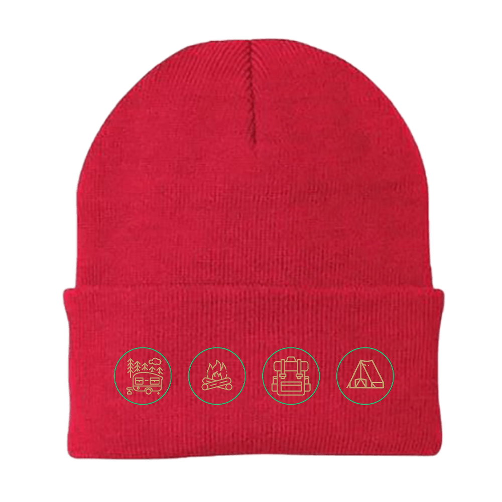A stylish Camp Life Embroidered Beanie featuring a unique design, made from a breathable cotton blend, perfect for outdoor activities.