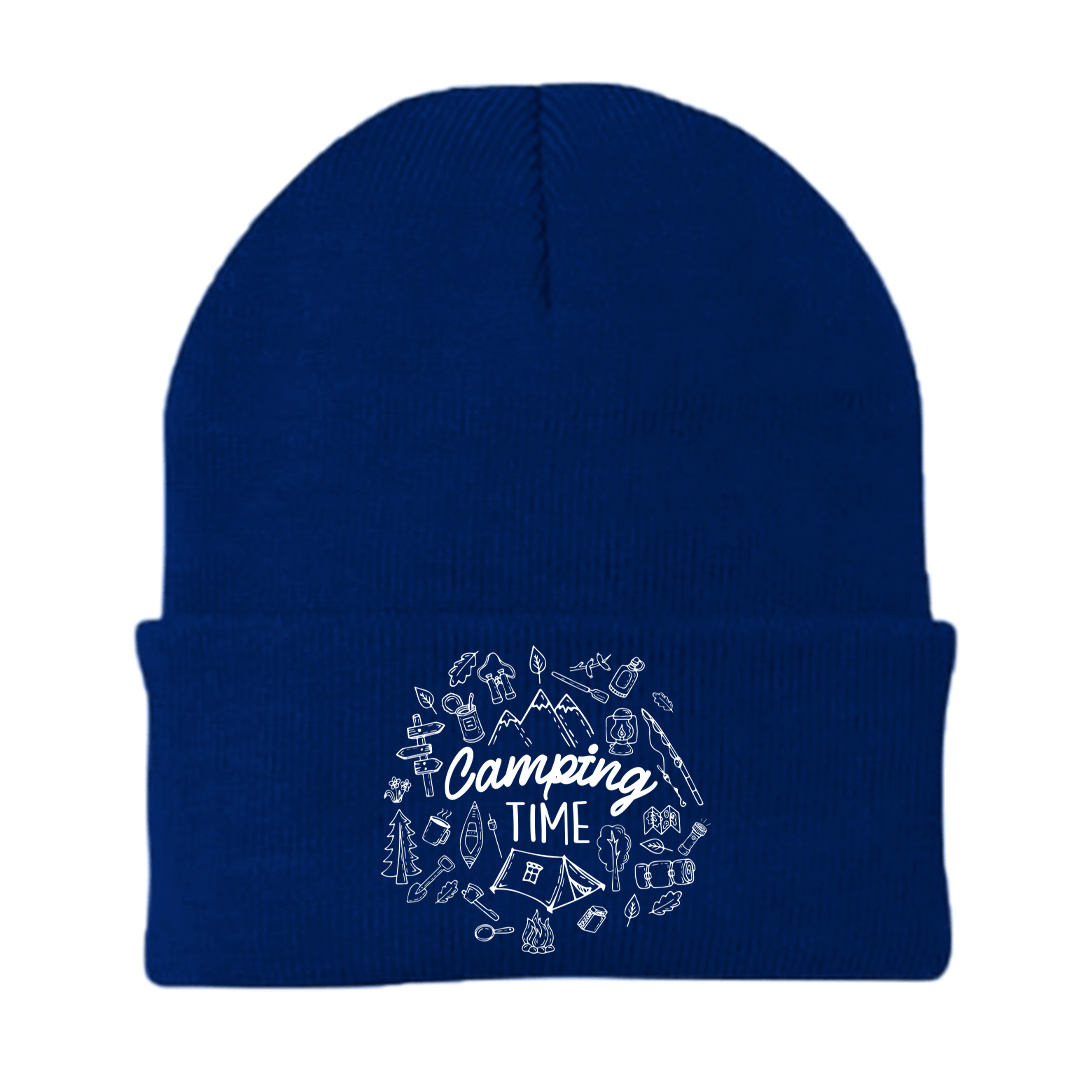 Camping Elements Embroidered Beanie showcasing stylish design and comfortable fit, perfect for outdoor activities.