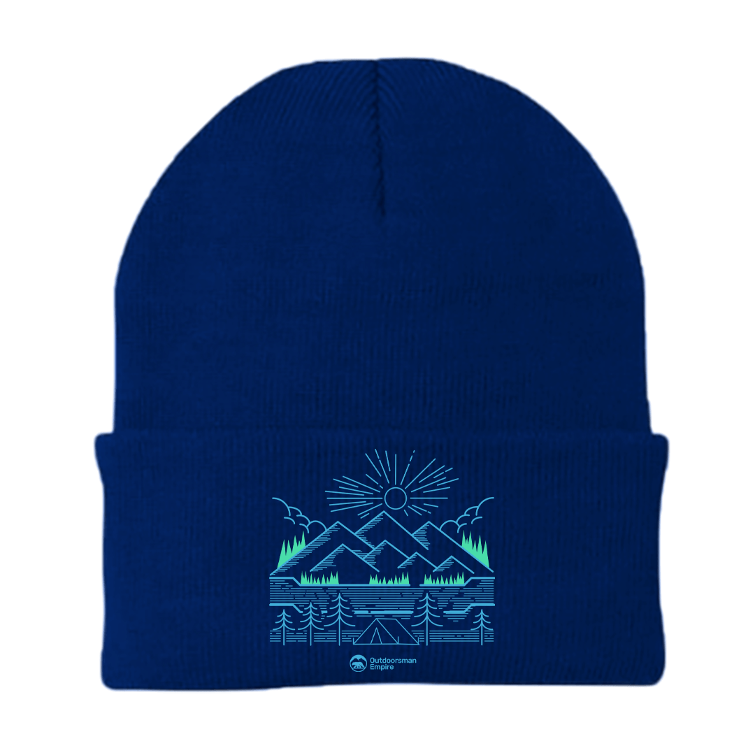 Camping Lines Embroidered Beanie showcasing a stylish design with a comfortable fit, perfect for outdoor adventures.