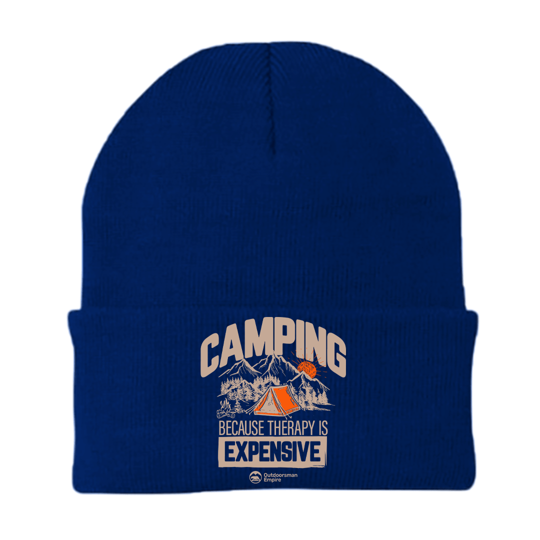 Camping No Expensive Embroidered Beanie in a stylish design, made from a breathable cotton blend, perfect for outdoor activities.