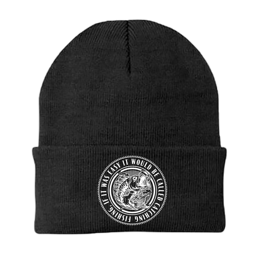 Catching Fishing Embroidered Beanie featuring a unique fishing design, made from a soft cotton-acrylic blend, perfect for outdoor enthusiasts.