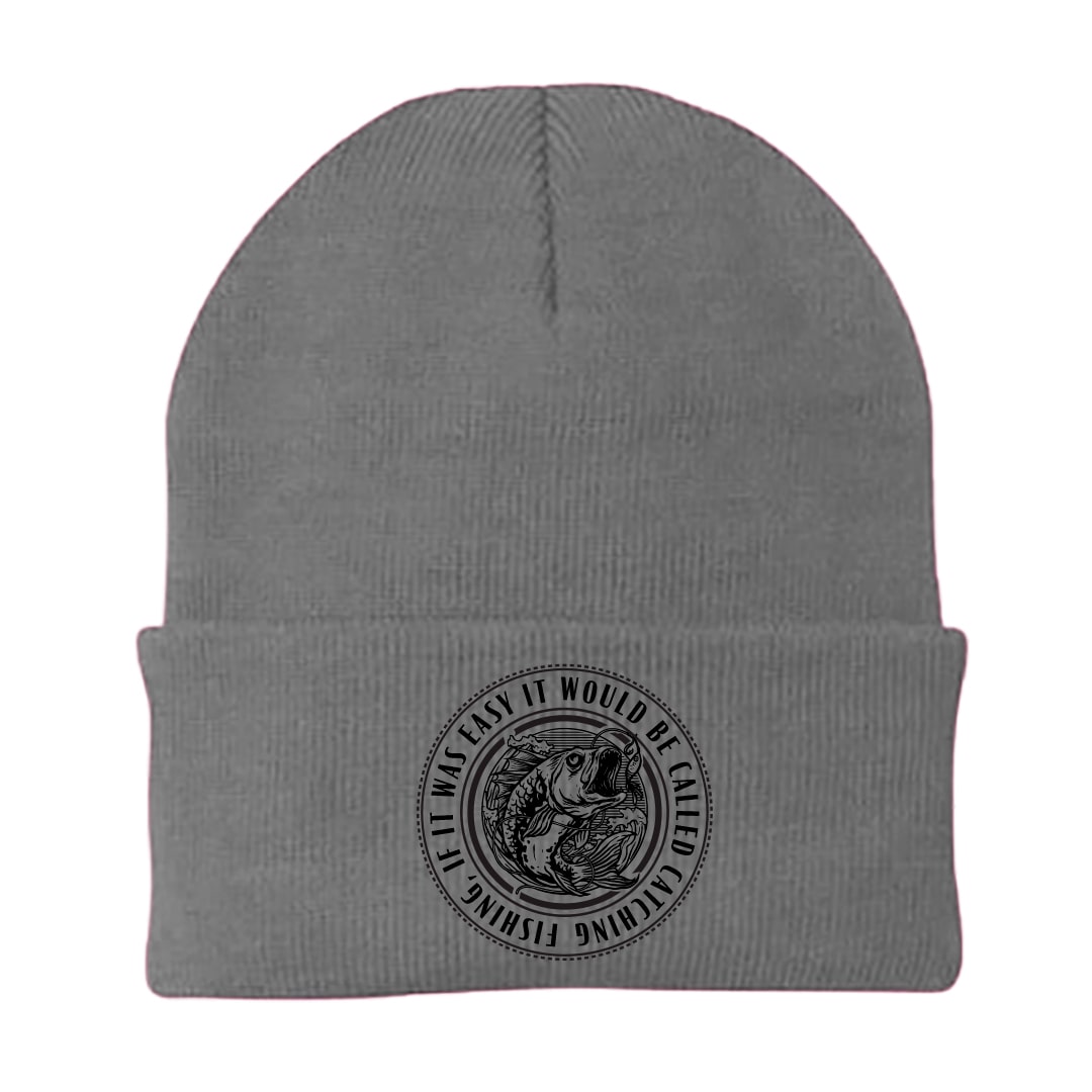 Catching Fishing Embroidered Beanie featuring a unique fishing design, made from a soft cotton-acrylic blend, perfect for outdoor enthusiasts.