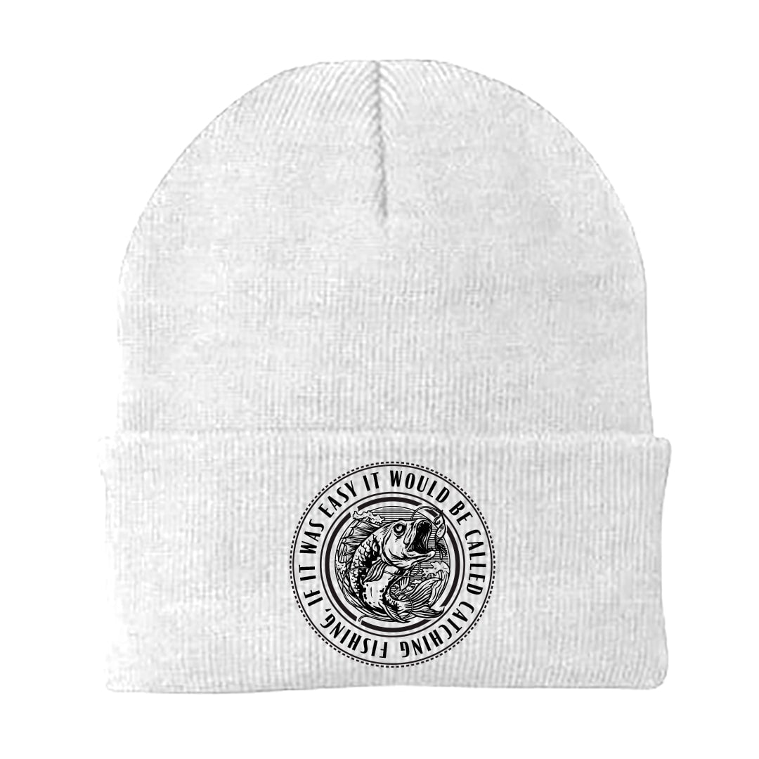 Catching Fishing Embroidered Beanie featuring a unique fishing design, made from a soft cotton-acrylic blend, perfect for outdoor enthusiasts.