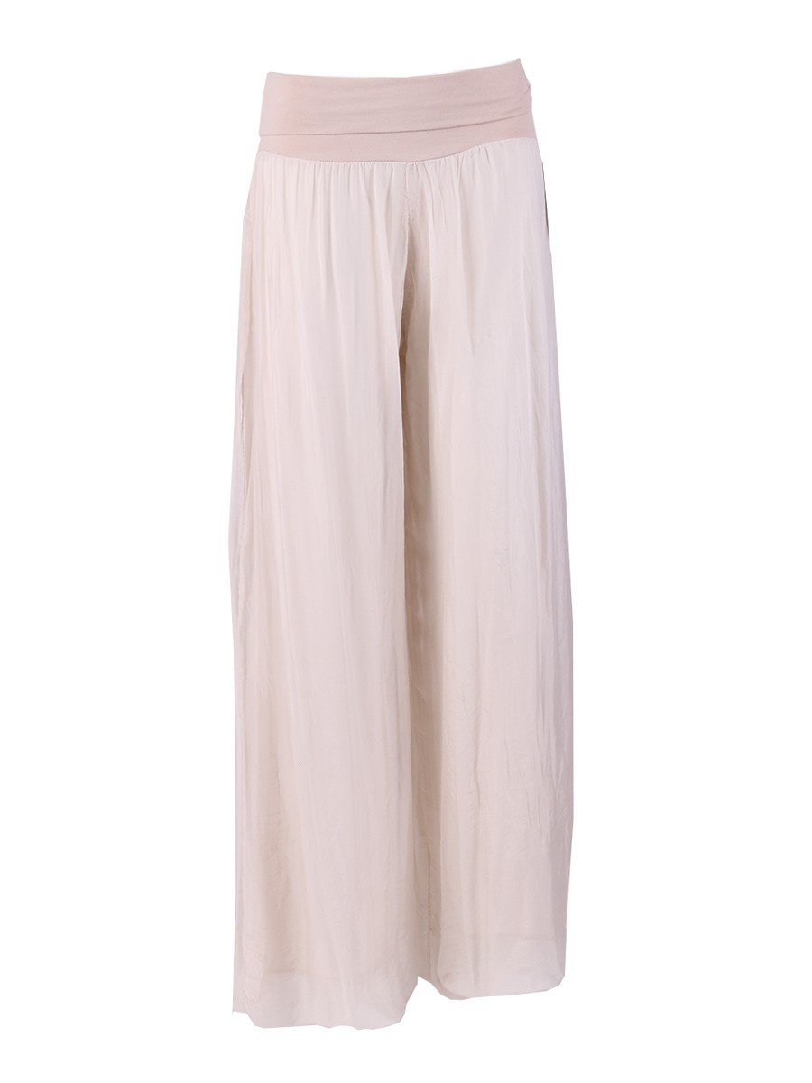 Champagne 'Donna' Italian Silk Palazzo Pant showcasing luxurious silk fabric and elegant wide-leg design.
