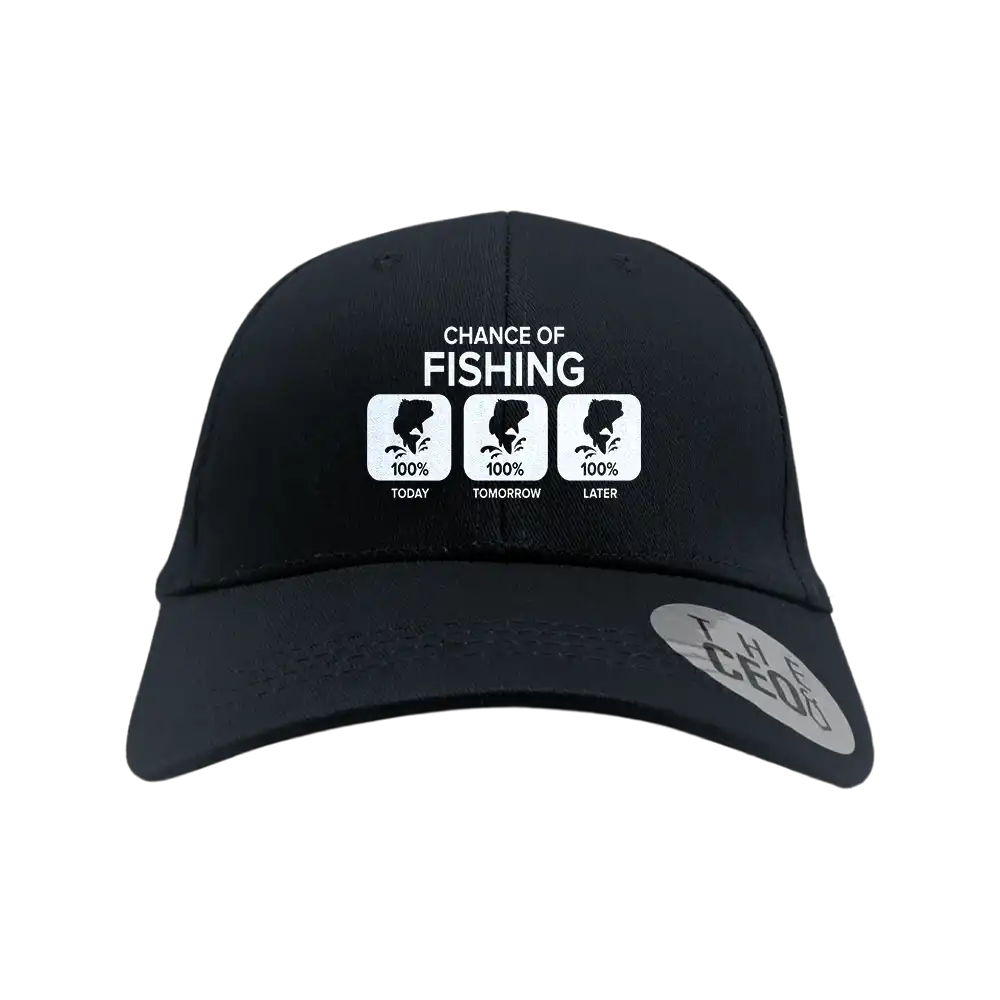 Chance of Fishing Embroidered Baseball Hat featuring a stylish fishing design, made from 100% cotton with a snapback closure.
