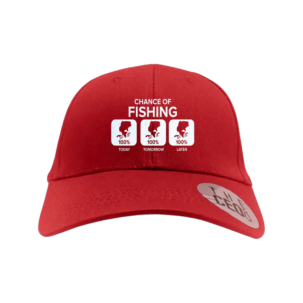Chance of Fishing Embroidered Baseball Hat featuring a stylish fishing design, made from 100% cotton with a snapback closure.
