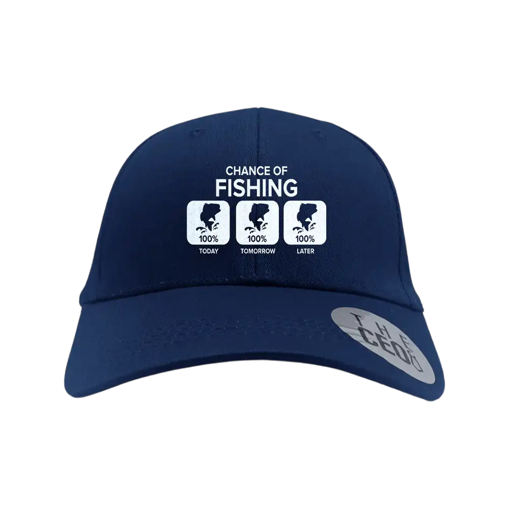 Chance of Fishing Embroidered Baseball Hat featuring a stylish fishing design, made from 100% cotton with a snapback closure.