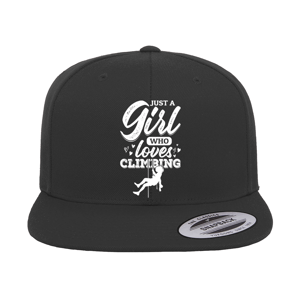 Climbing Just A Girl Who Loves Climbing Embroidered Flat Bill Cap featuring a structured design and green under visor.