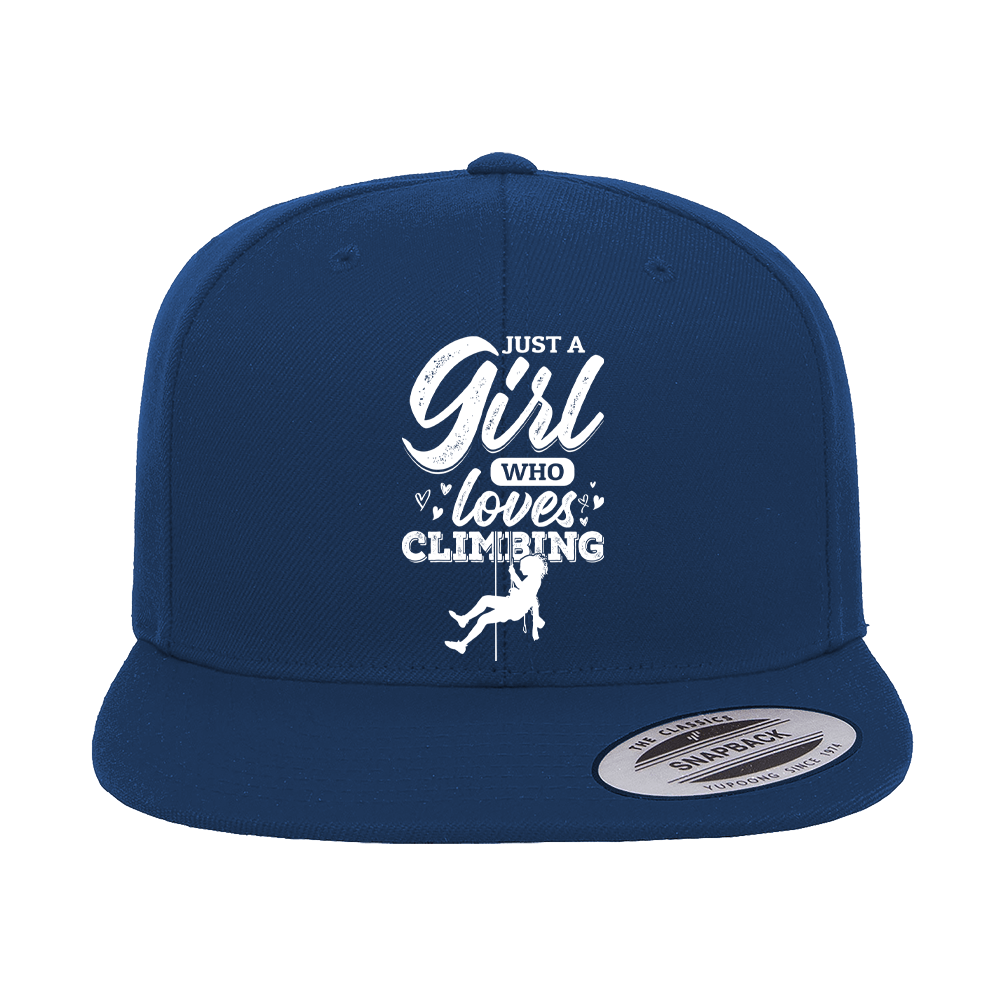 Climbing Just A Girl Who Loves Climbing Embroidered Flat Bill Cap featuring a structured design and green under visor.