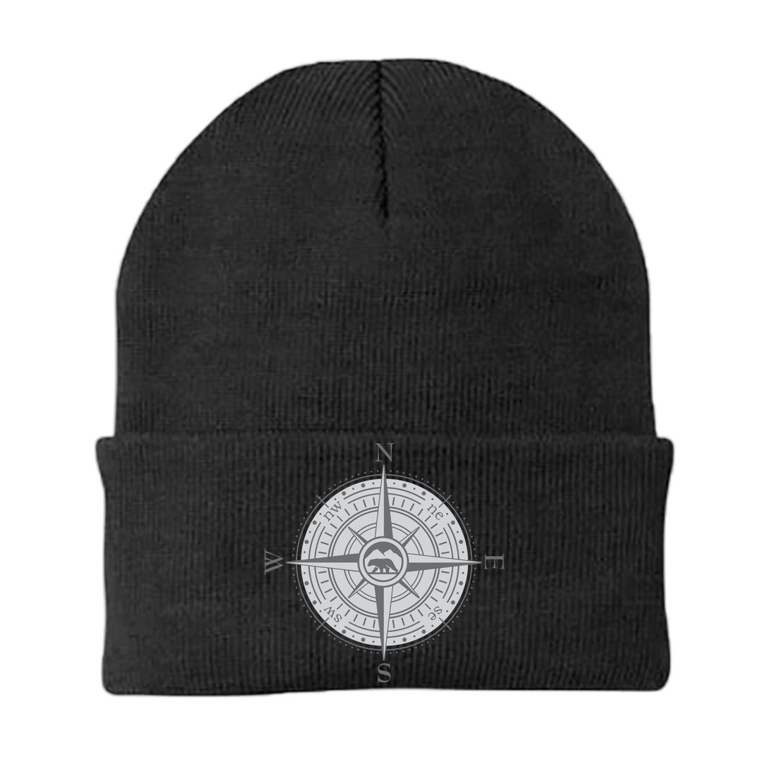 Compass Camping Embroidered Beanie showcasing its stylish design and quality fabric, perfect for outdoor adventures.