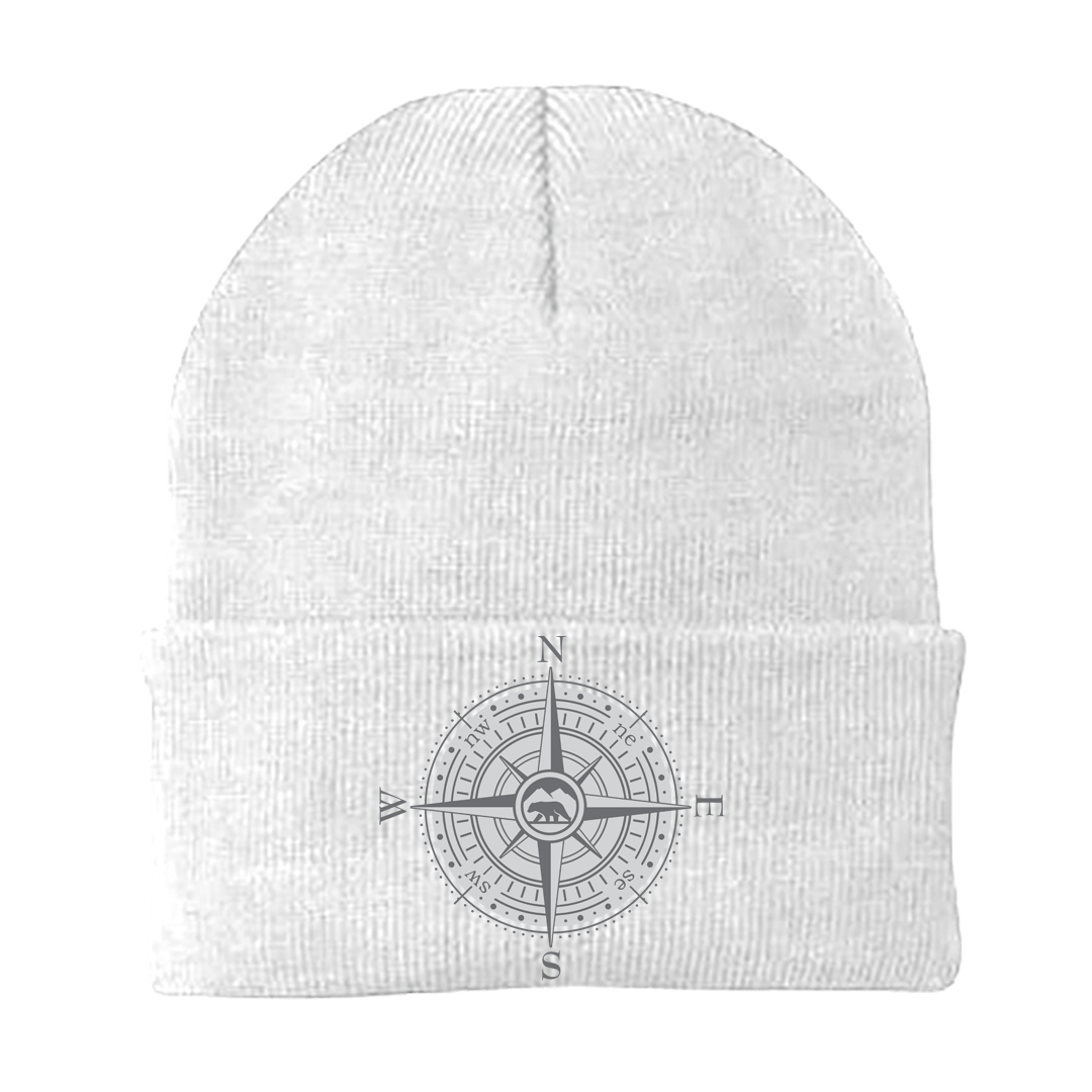 Compass Camping Embroidered Beanie showcasing its stylish design and quality fabric, perfect for outdoor adventures.