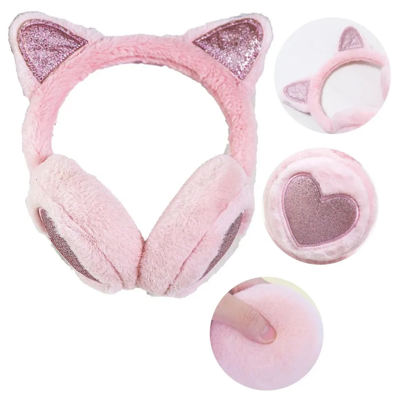 Cute Glitter Cat Ear Earmuffs in various colors, featuring soft faux rabbit fur and an adorable cat ear design.
