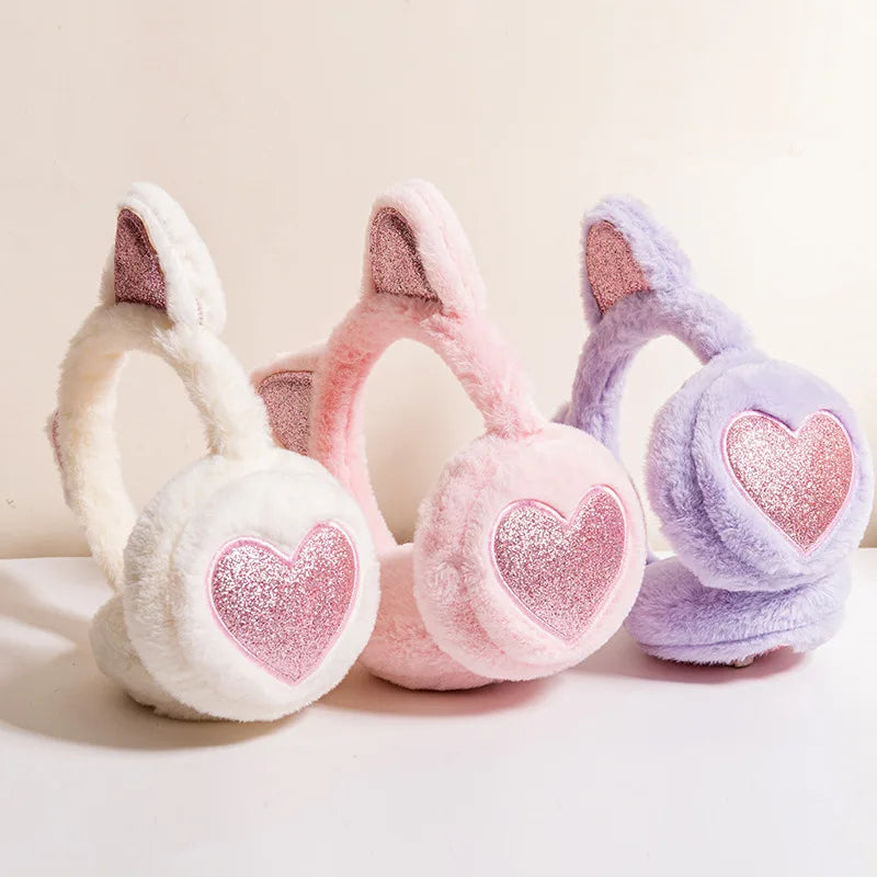 Cute Glitter Cat Ear Earmuffs in various colors, featuring soft faux rabbit fur and an adorable cat ear design.