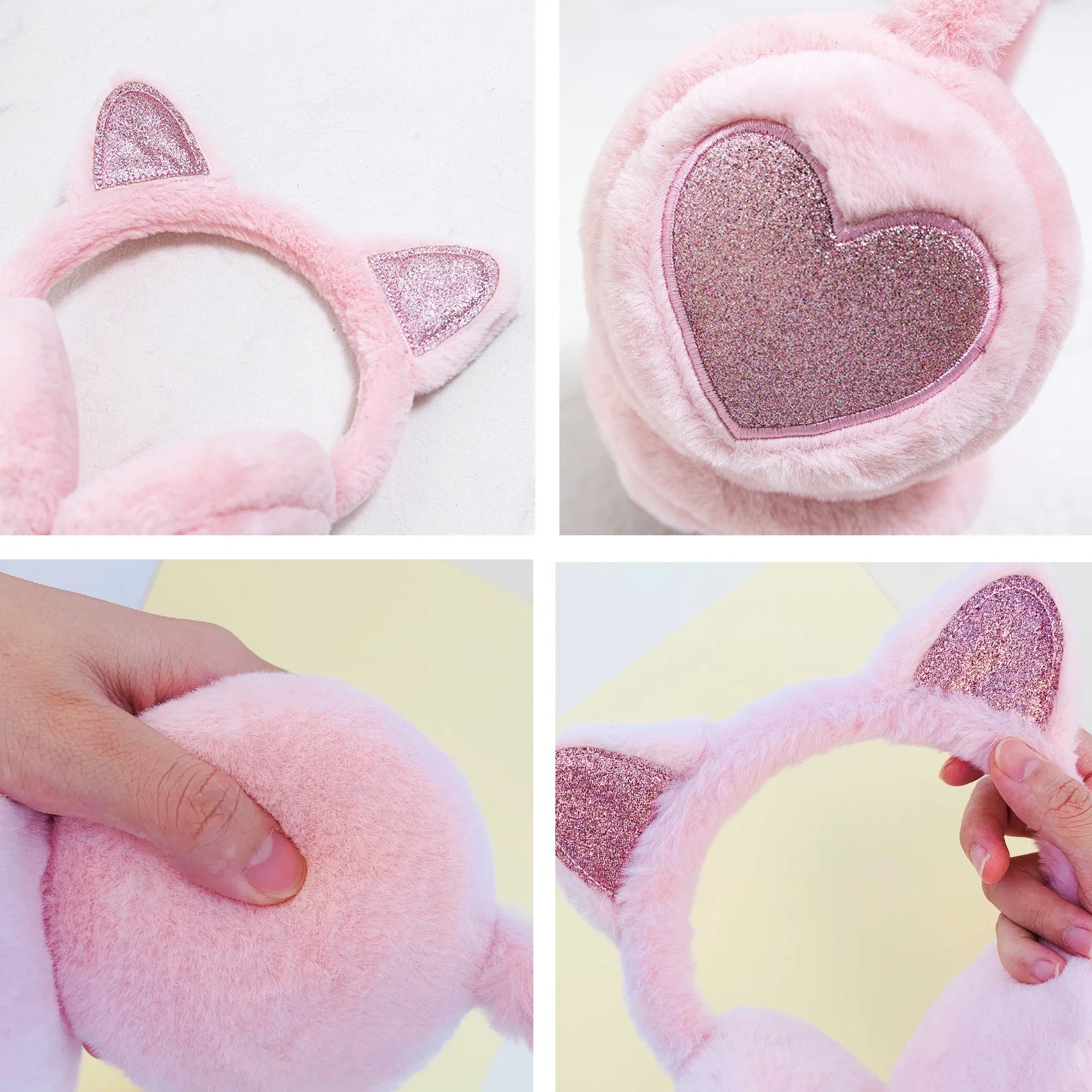 Cute Glitter Cat Ear Earmuffs in various colors, featuring soft faux rabbit fur and an adorable cat ear design.