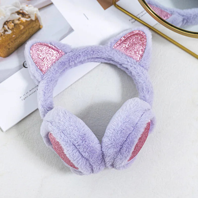 Cute Glitter Cat Ear Earmuffs in various colors, featuring soft faux rabbit fur and an adorable cat ear design.