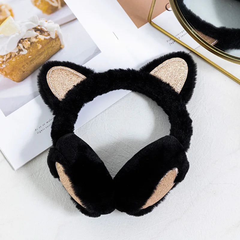Cute Glitter Cat Ear Earmuffs in various colors, featuring soft faux rabbit fur and an adorable cat ear design.