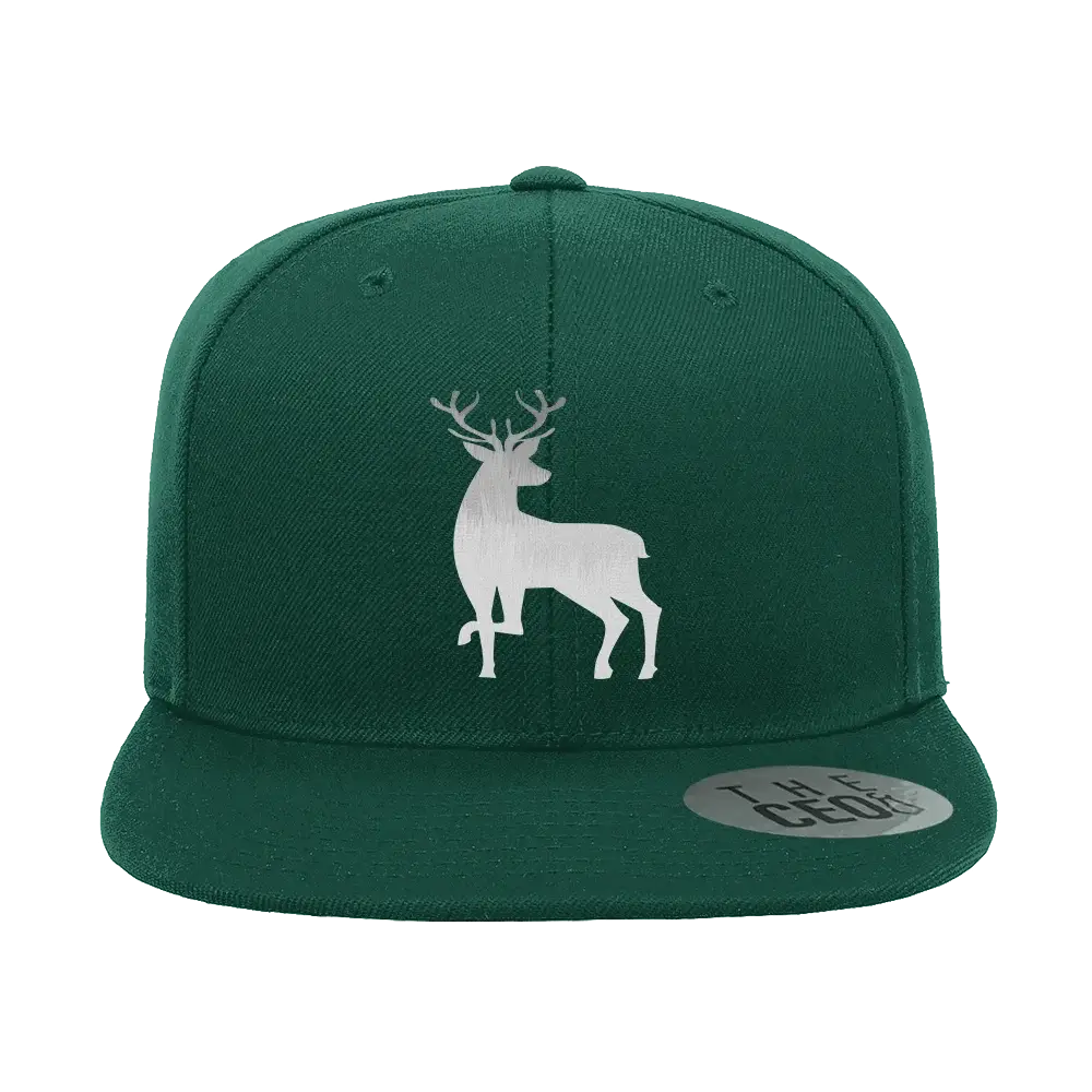 Deer Color 2 Embroidered Flat Bill Hat featuring a structured design, green under visor, and adjustable snapback closure.