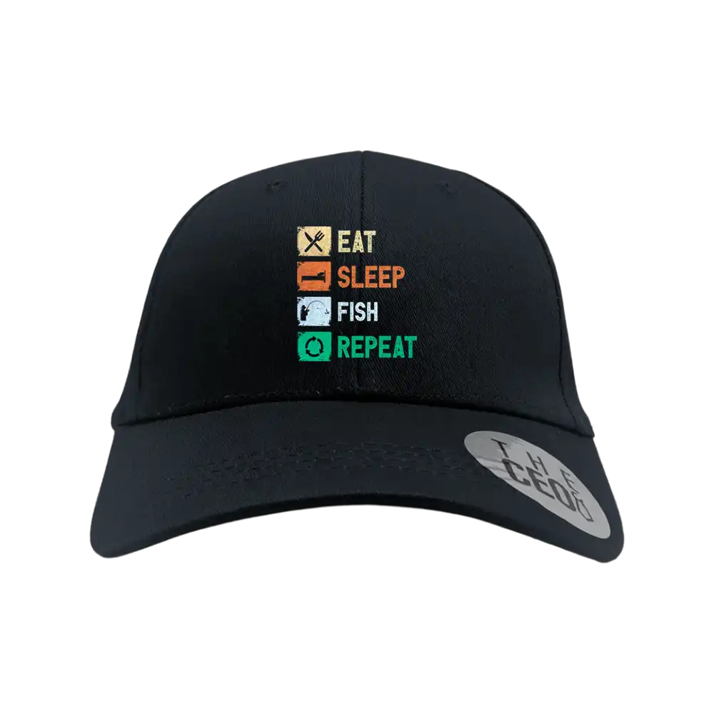 Eat Sleep Fishing Repeat Printed Baseball Hat featuring a catchy fishing-themed design, made from 100% cotton with a snapback closure.