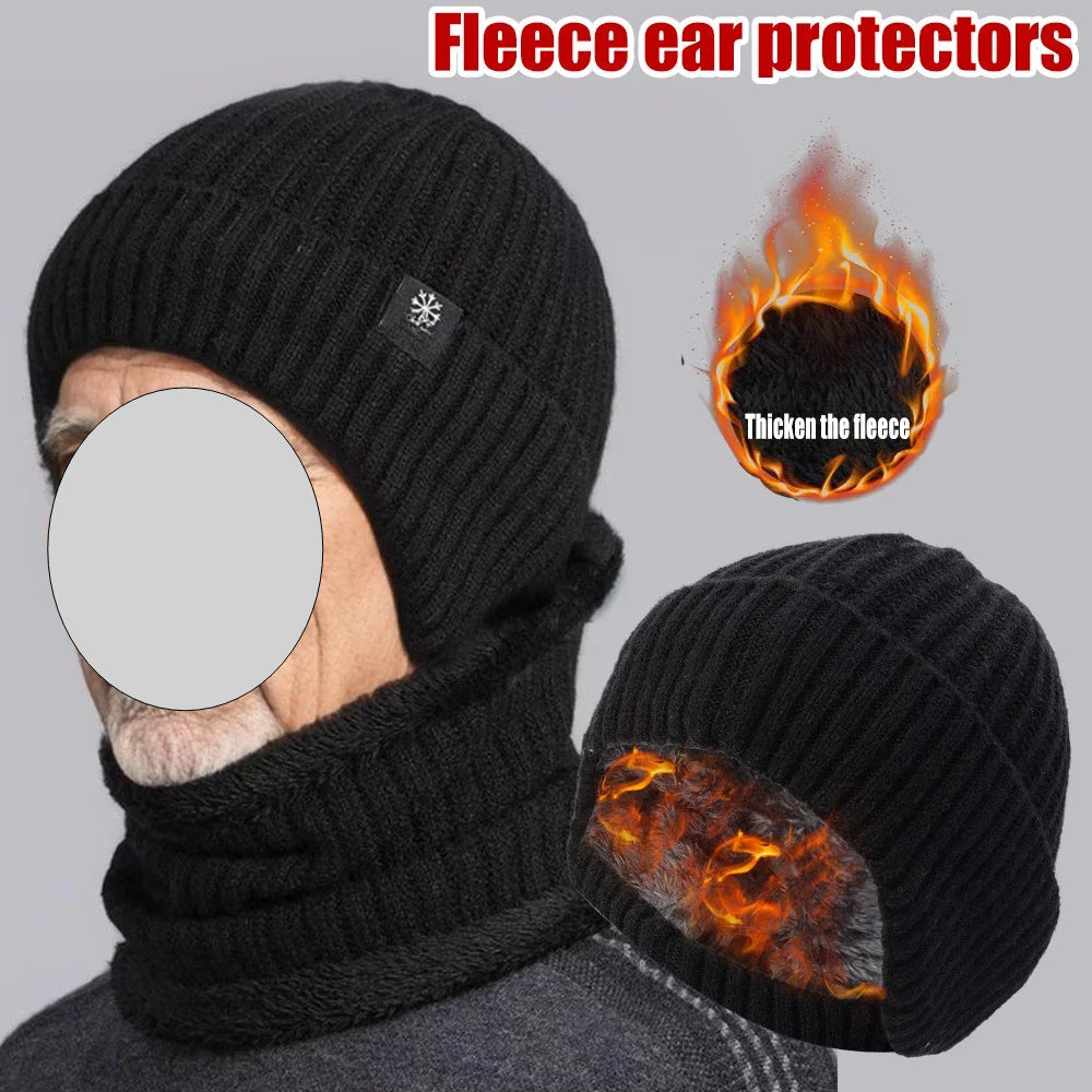 A stylish men's winter hat in black, navy blue, and light gray, featuring plush material and ear protection for warmth.