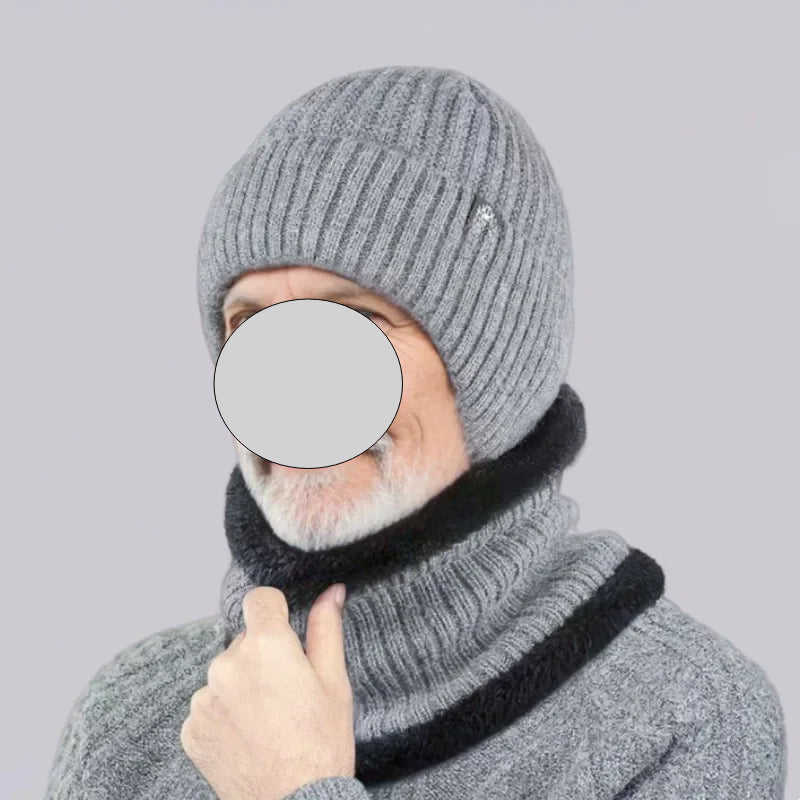 A stylish men's winter hat in black, navy blue, and light gray, featuring plush material and ear protection for warmth.