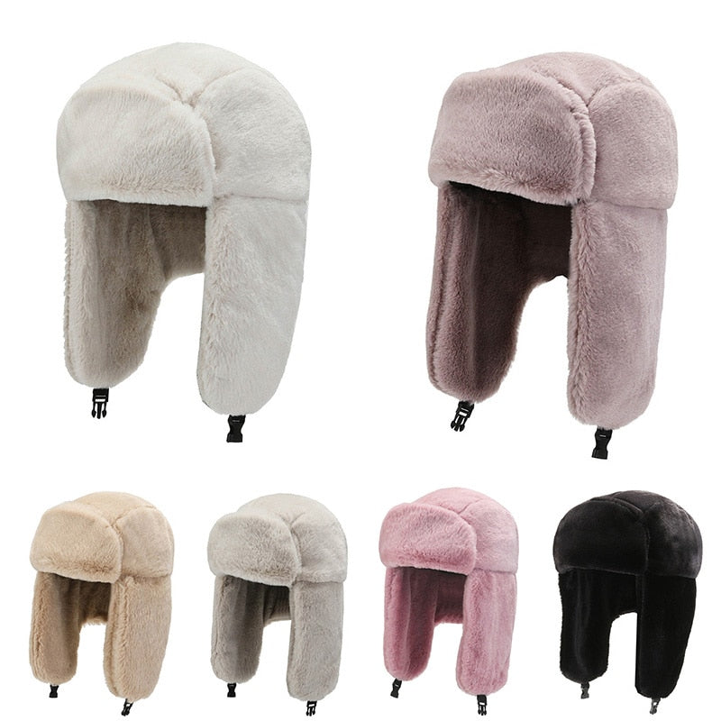 Fashion Women Winter Warm Faux Fur Bomber Hats in black and white, showcasing soft faux fur material and stylish design.