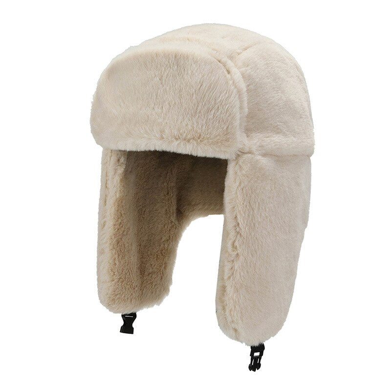 Fashion Women Winter Warm Faux Fur Bomber Hats in black and white, showcasing soft faux fur material and stylish design.